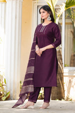 Wine Silk Blend Embroidered Kurta Set with Dupatta For Women