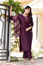 Wine Silk Blend Embroidered Kurta Set with Dupatta For Women
