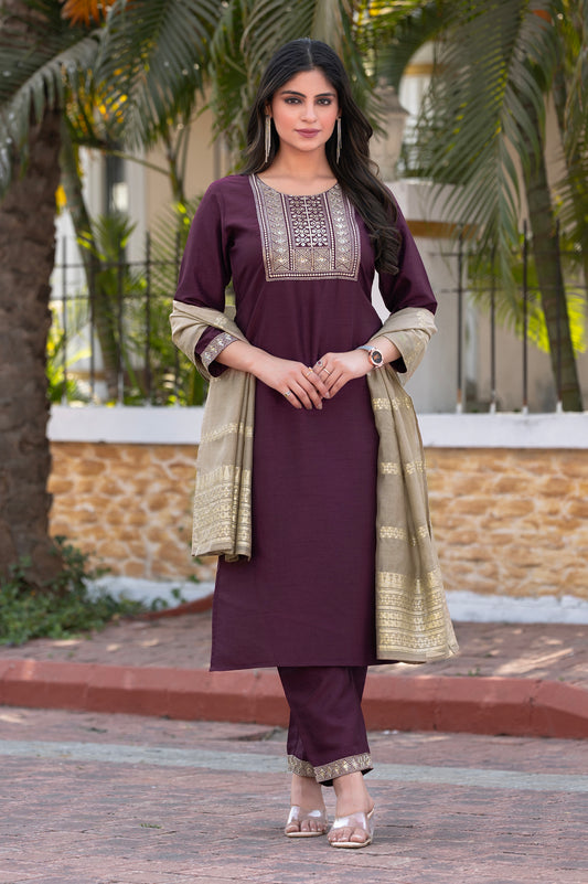 Wine Silk Blend Embroidered Kurta Set with Dupatta For Women