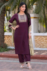Wine Silk Blend Embroidered Kurta Set with Dupatta For Women