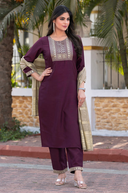 Wine Silk Blend Embroidered Kurta Set with Dupatta For Women