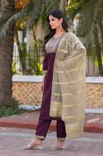 Wine Silk Blend Embroidered Kurta Set with Dupatta For Women