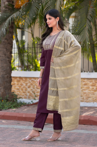 Wine Silk Blend Embroidered Kurta Set with Dupatta For Women
