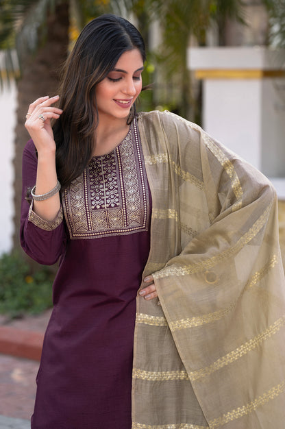 Wine Silk Blend Embroidered Kurta Set with Dupatta For Women