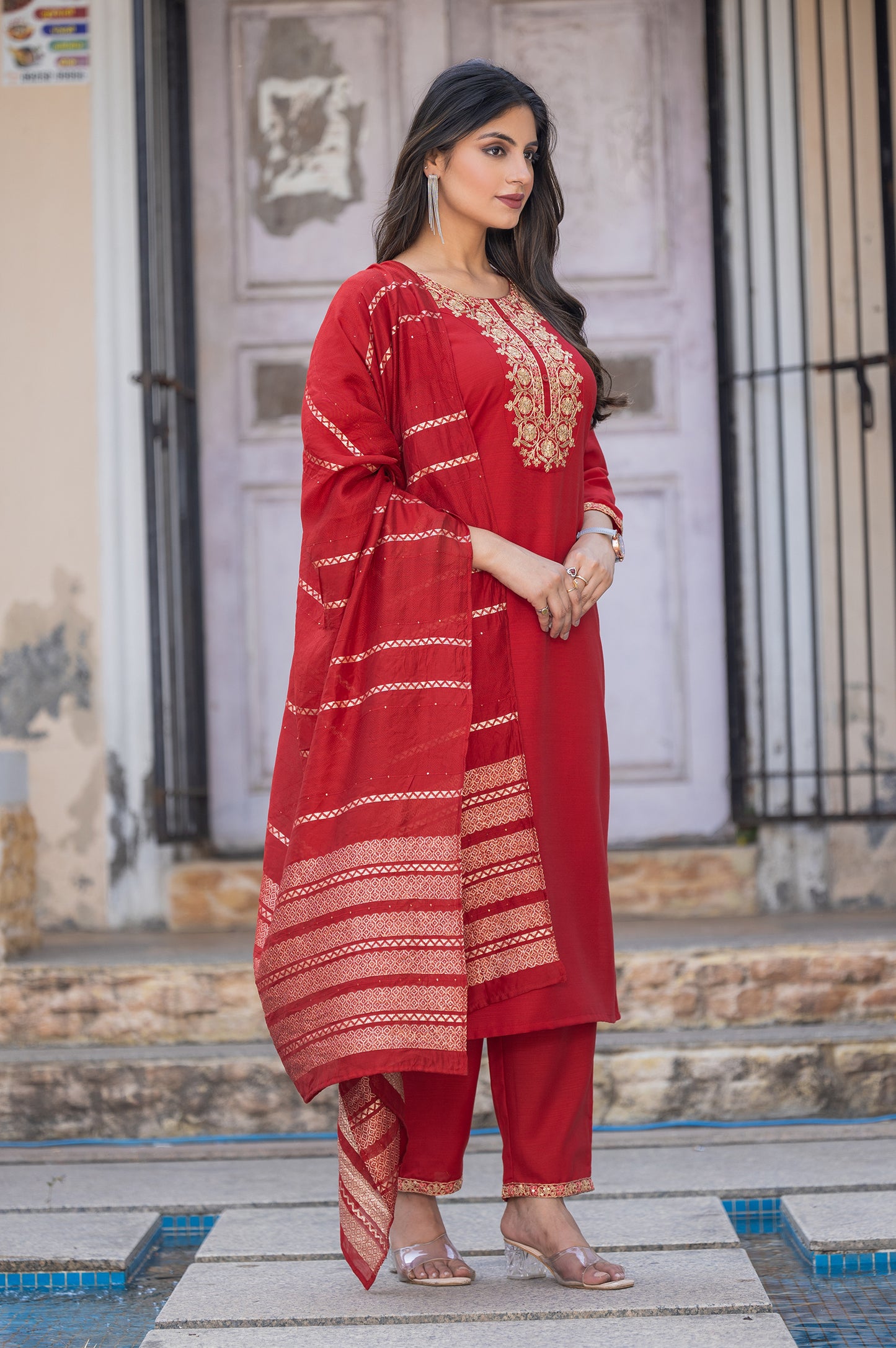 Red Cotton Blend Embroidered Kurta Set with Dupatta For Women
