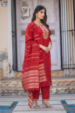 Red Cotton Blend Embroidered Kurta Set with Dupatta For Women