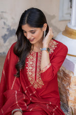 Red Cotton Blend Embroidered Kurta Set with Dupatta For Women