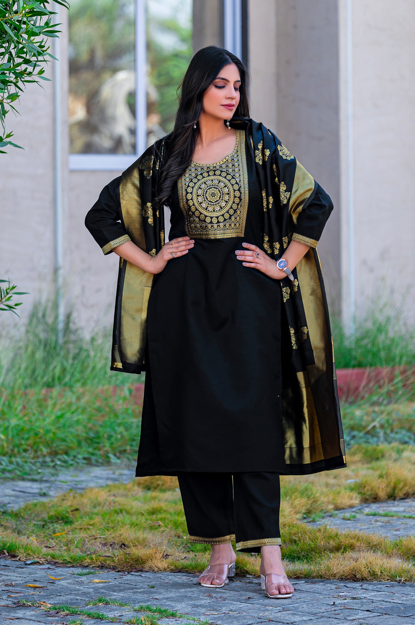 Black Cotton Blend Jacquard Kurta Set with Dupatta For Women