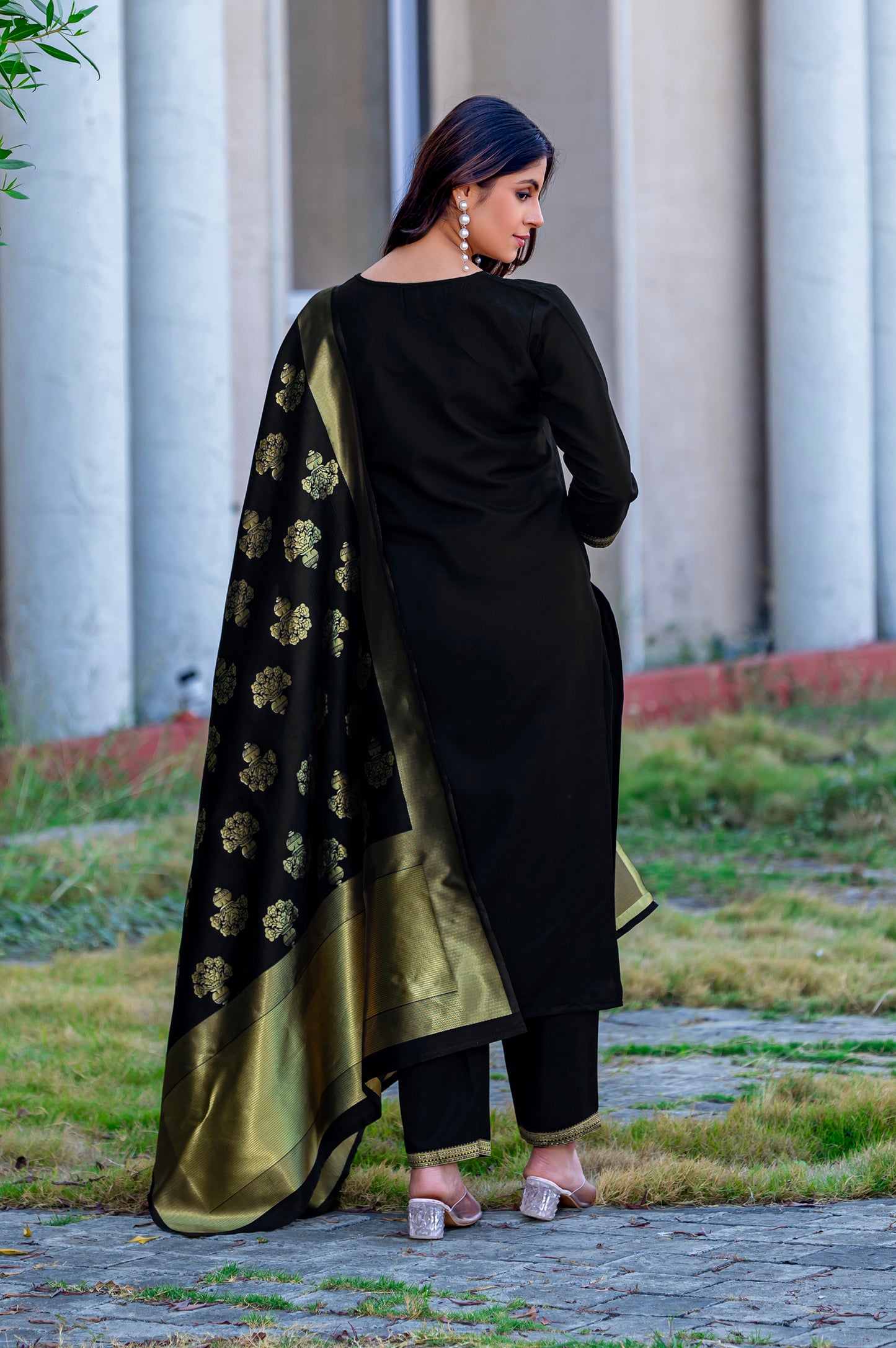 Black Cotton Blend Jacquard Kurta Set with Dupatta For Women