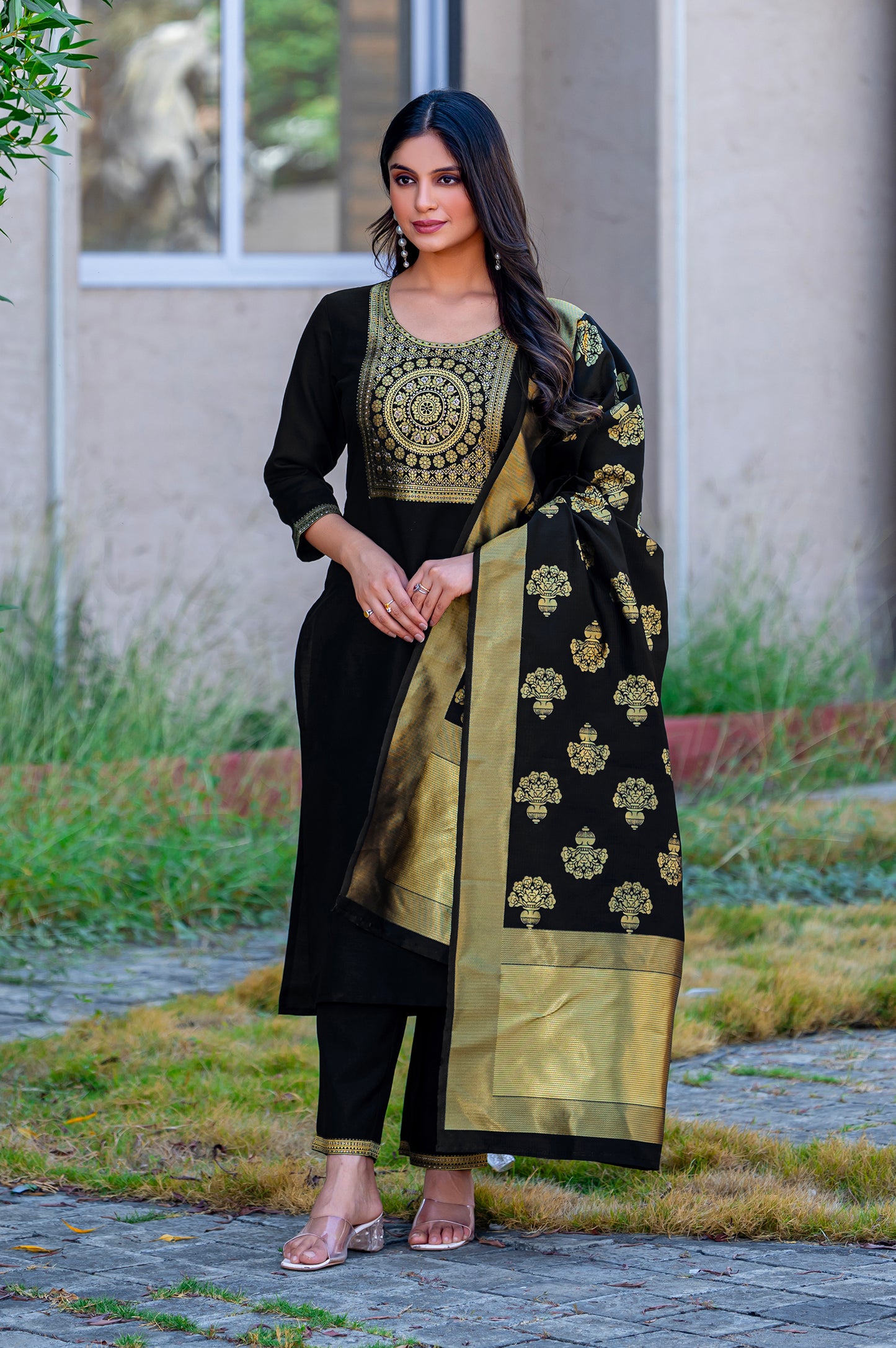 Black Cotton Blend Jacquard Kurta Set with Dupatta For Women