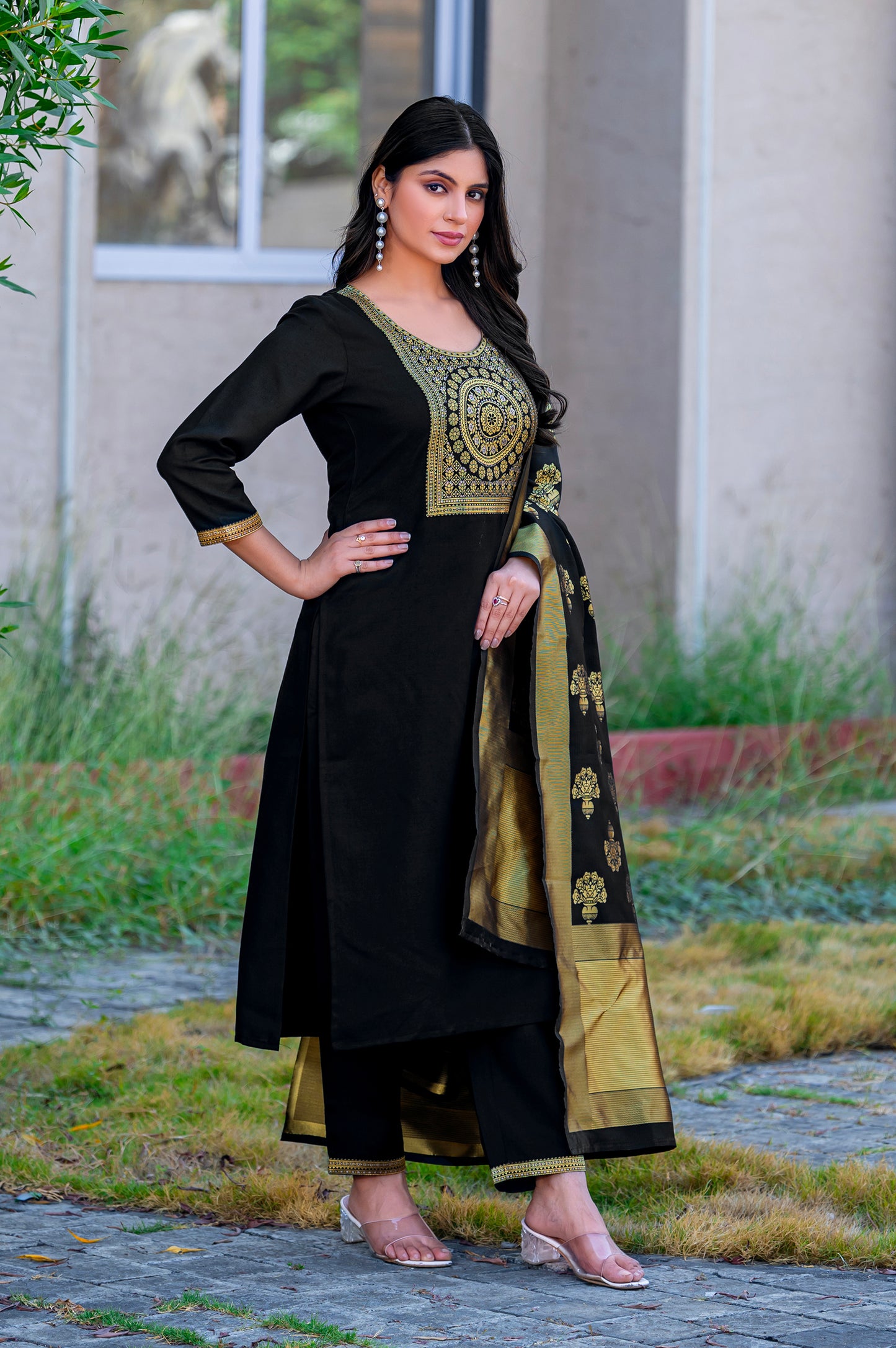 Black Cotton Blend Jacquard Kurta Set with Dupatta For Women