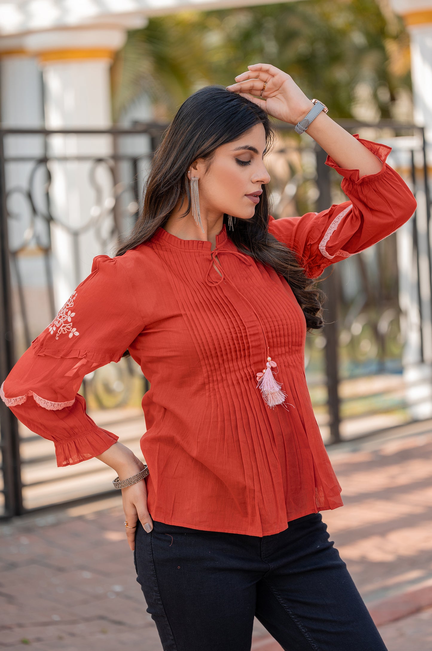 Rust Cotton Blend Floral Embroidered With Lace Work Western Top For Women
