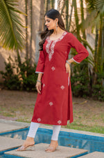 Red Cotton Blend Chikankari Embroidered Kurta For Women