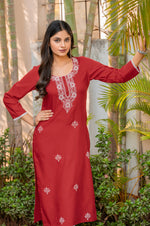 Red Cotton Blend Chikankari Embroidered Kurta For Women