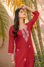 Red Cotton Blend Chikankari Embroidered Kurta For Women