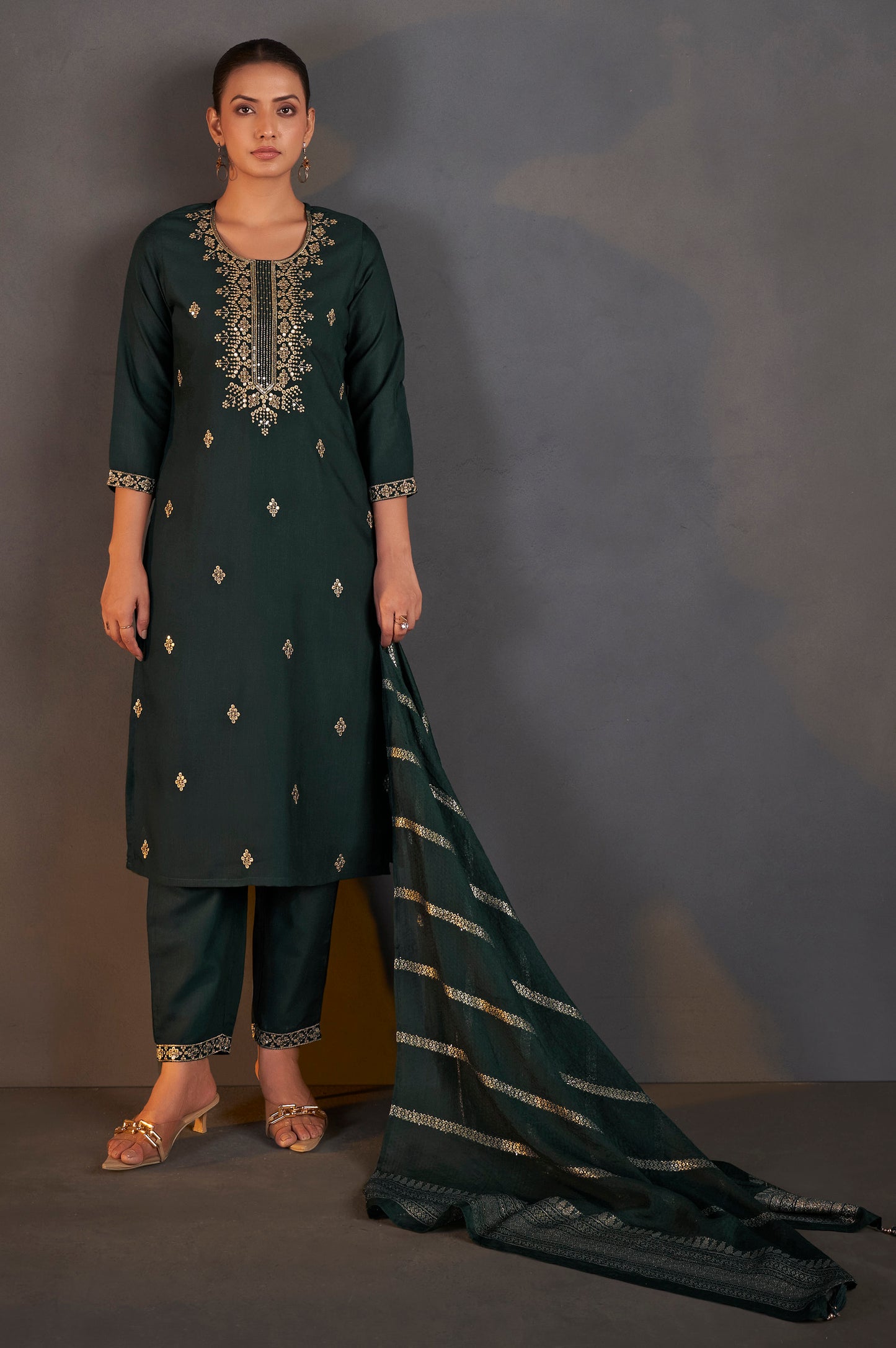 Dark Green Cotton Blend Embroidered With Sequined Work Kurta Set With Dupatta For Women