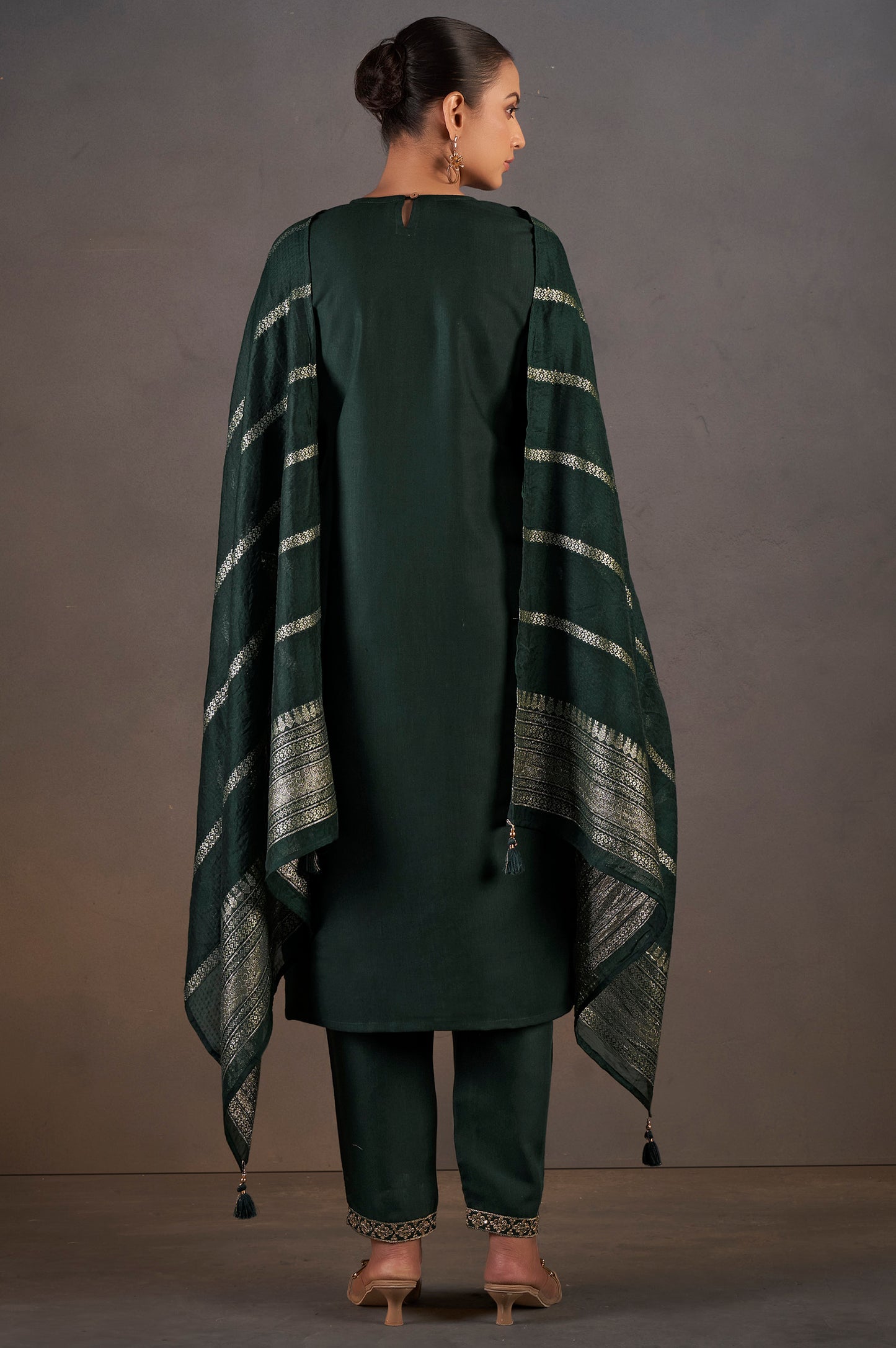 Dark Green Cotton Blend Embroidered With Sequined Work Kurta Set With Dupatta For Women
