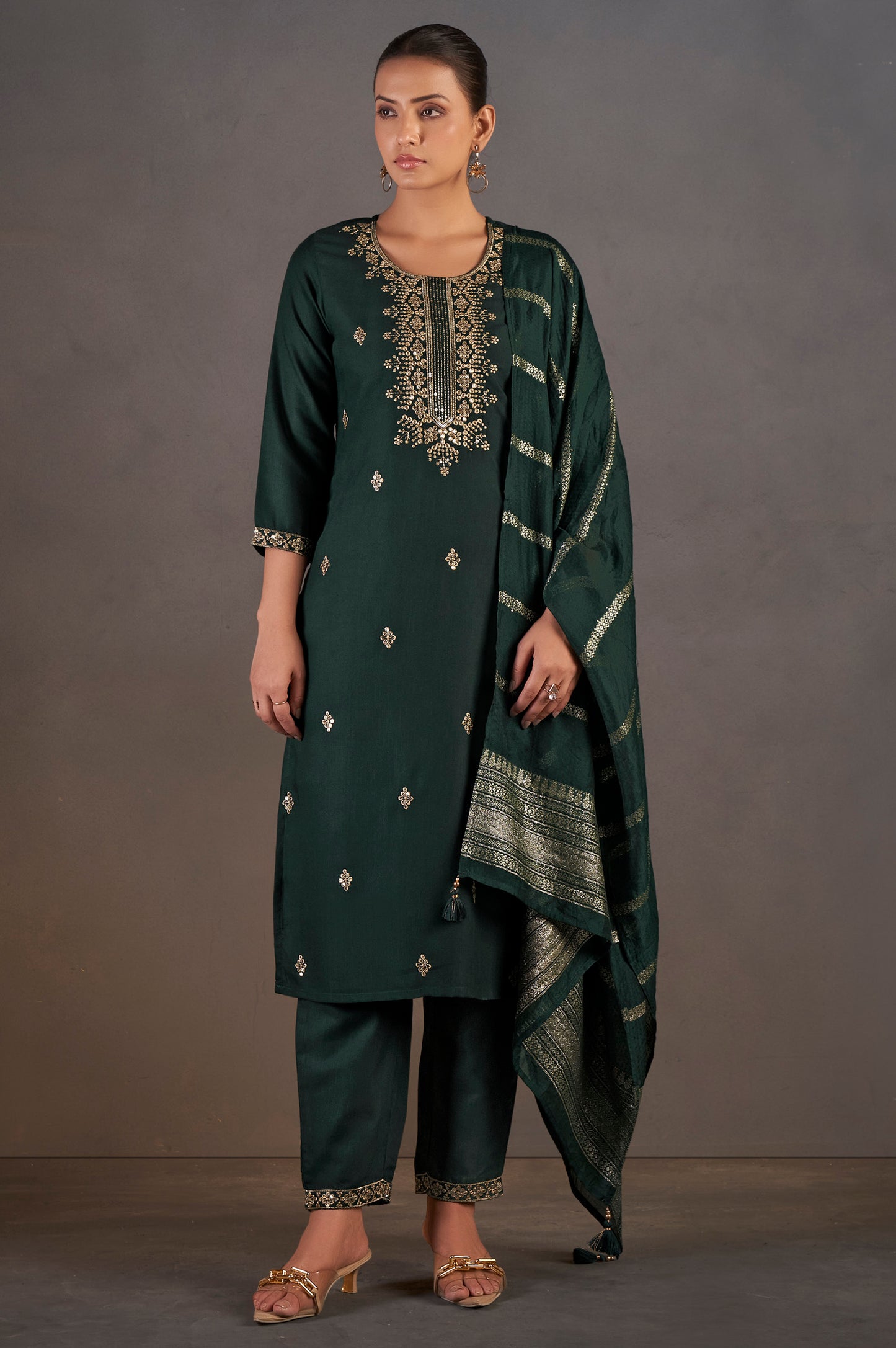 Dark Green Cotton Blend Embroidered With Sequined Work Kurta Set With Dupatta For Women