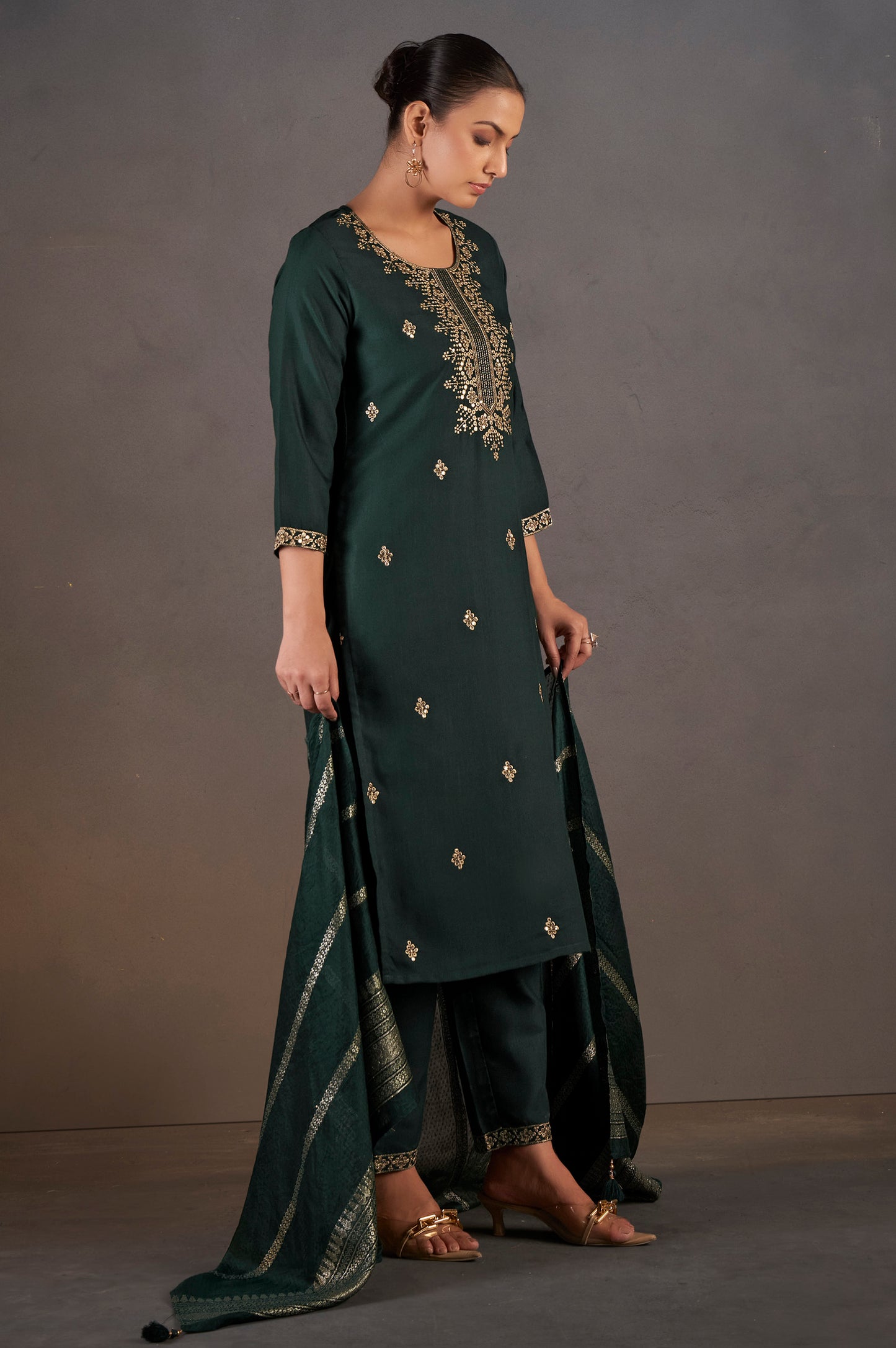 Dark Green Cotton Blend Embroidered With Sequined Work Kurta Set With Dupatta For Women