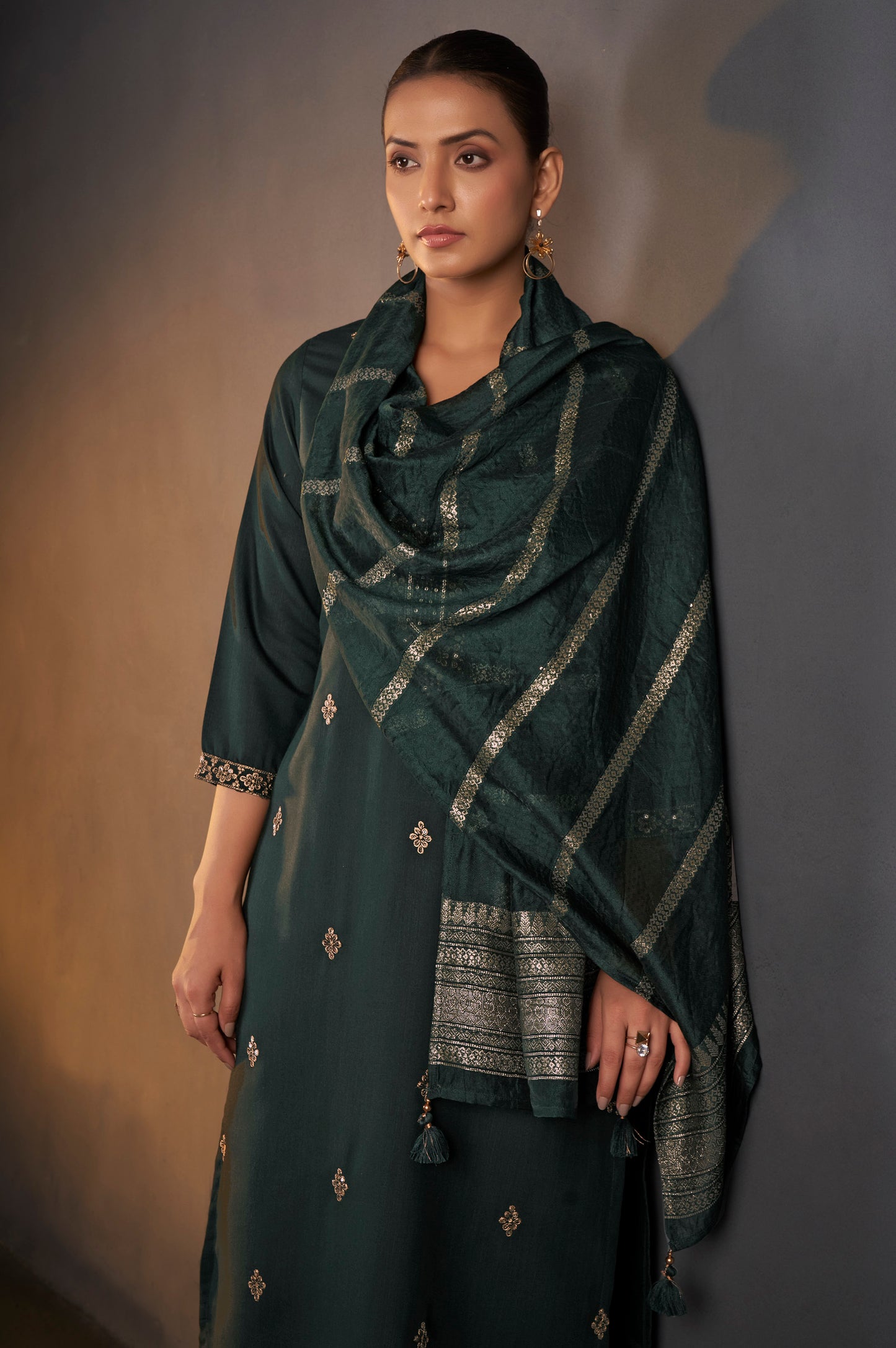 Dark Green Cotton Blend Embroidered With Sequined Work Kurta Set With Dupatta For Women