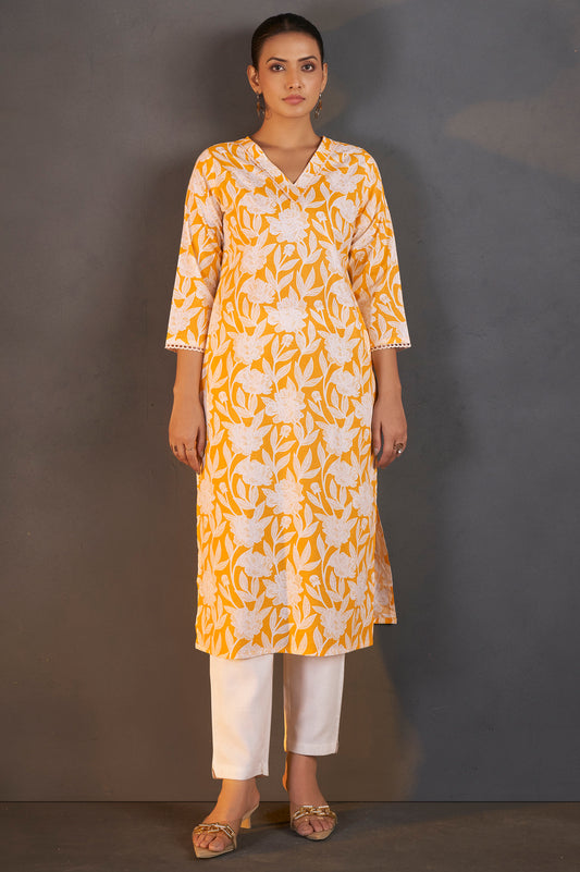 Yellow Pure Cotton Floral Printed Kurta For Women