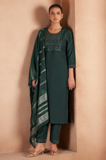 Dark Green Cotton Blend Embroidered With Sequined Work Kurta Set For Women