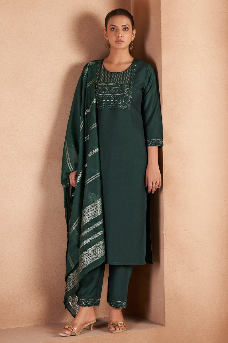 Dark Green Cotton Blend Embroidered With Sequined Work Kurta Set For Women