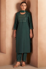 Dark Green Cotton Blend Embroidered With Sequined Work Kurta Set For Women