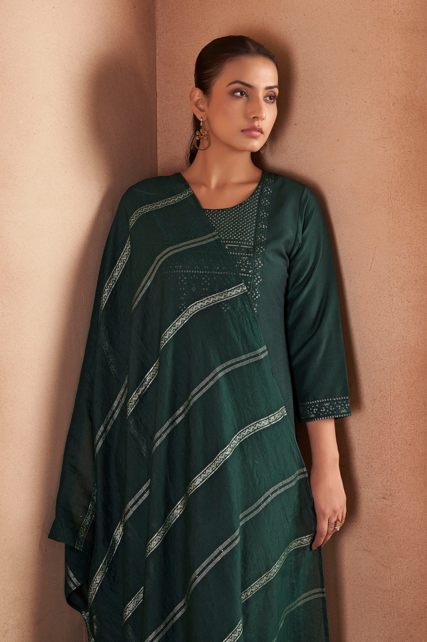 Dark Green Cotton Blend Embroidered With Sequined Work Kurta Set For Women