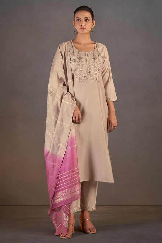 Cream Roman Silk Embroidered with Sequined Work Kurta Set With Dupatta For Women