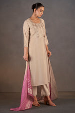 Cream Roman Silk Embroidered with Sequined Work Kurta Set With Dupatta For Women