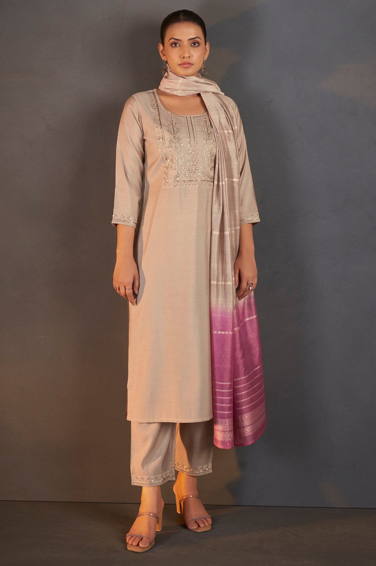 Cream Roman Silk Embroidered with Sequined Work Kurta Set With Dupatta For Women
