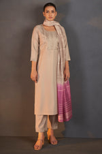 Cream Roman Silk Embroidered with Sequined Work Kurta Set With Dupatta For Women