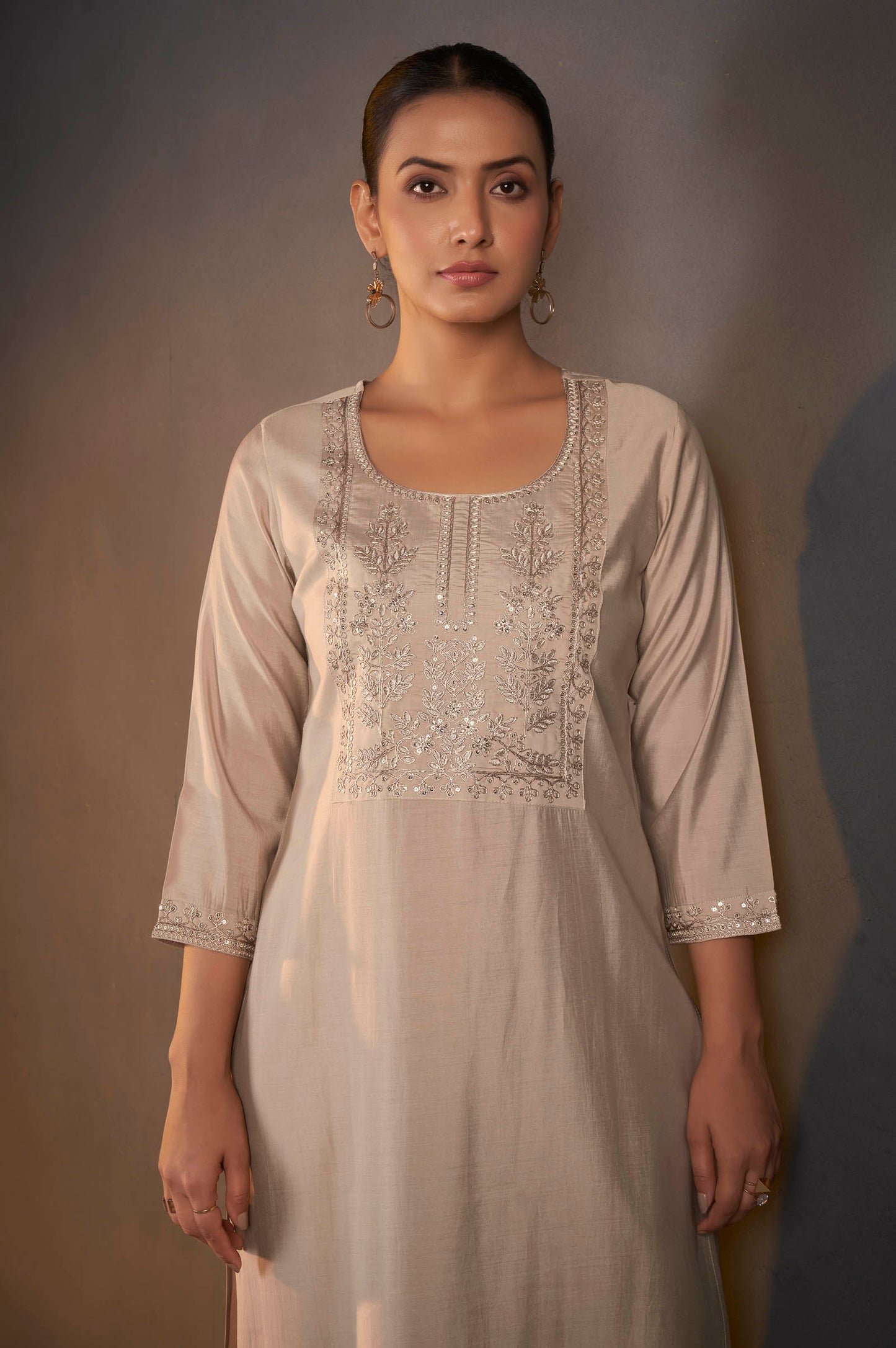 Cream Roman Silk Embroidered with Sequined Work Kurta Set With Dupatta For Women