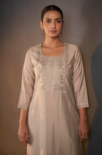 Cream Roman Silk Embroidered with Sequined Work Kurta Set With Dupatta For Women