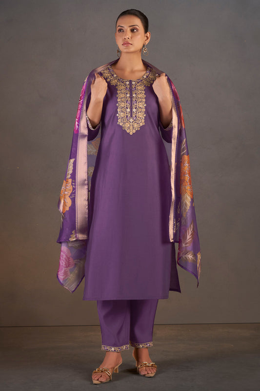 Purple Roman Silk Embroidered With Sequined Work Kurta set For Women