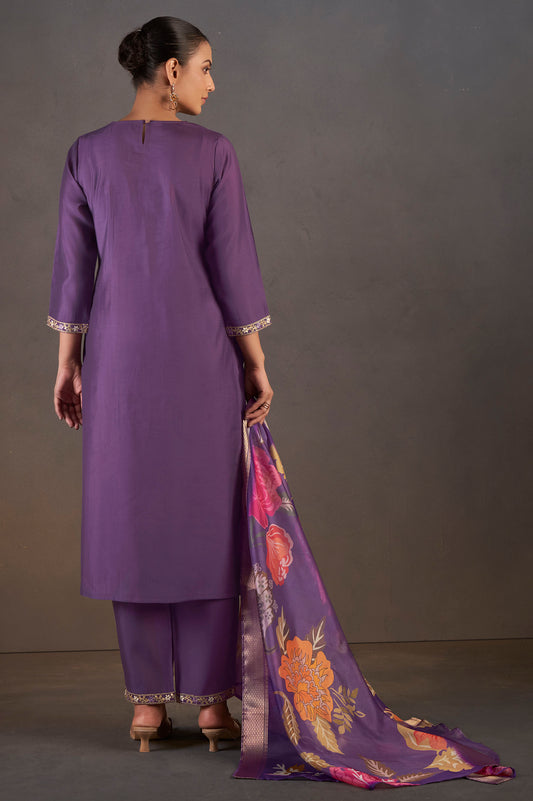 Purple Roman Silk Embroidered With Sequined Work Kurta set For Women