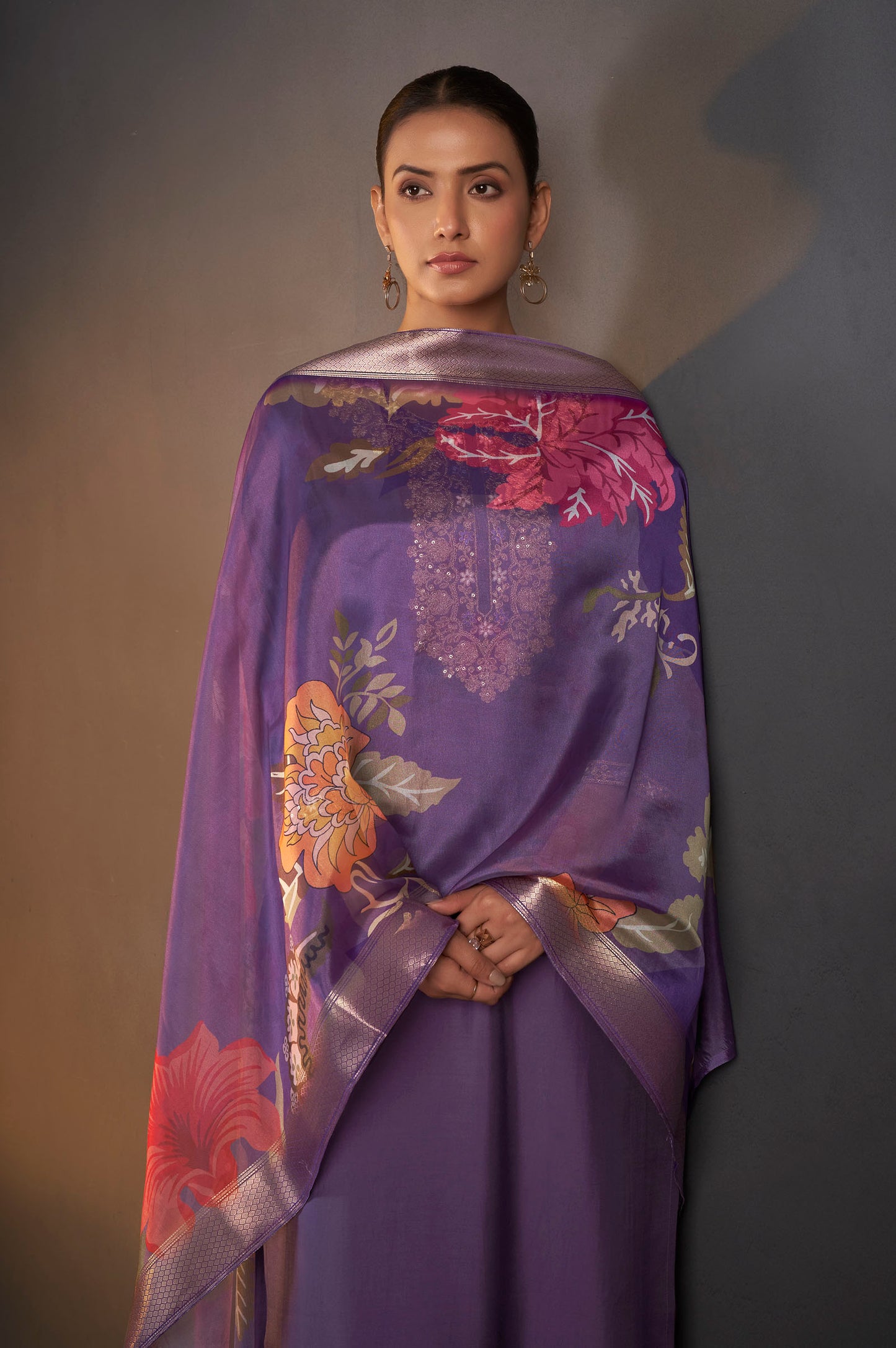 Purple Roman Silk Embroidered With Sequined Work Kurta set For Women