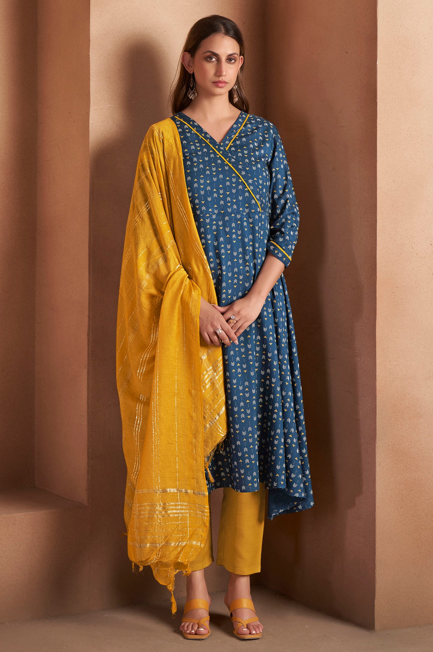 Navy Blue Viscose Rayon Printed Kurta Set For Women