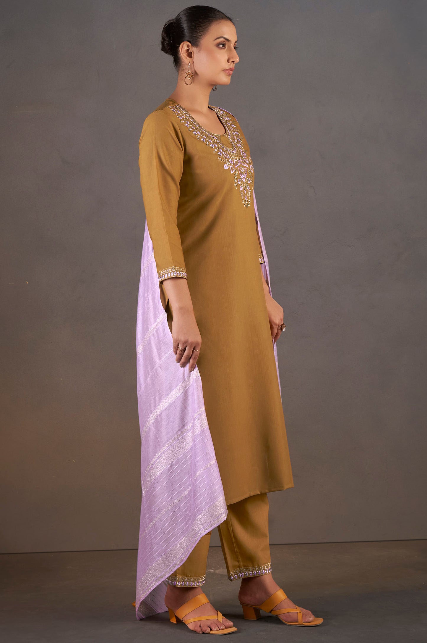 Mustard Cotton Blend Floral Embroidered Kurta Set For Women