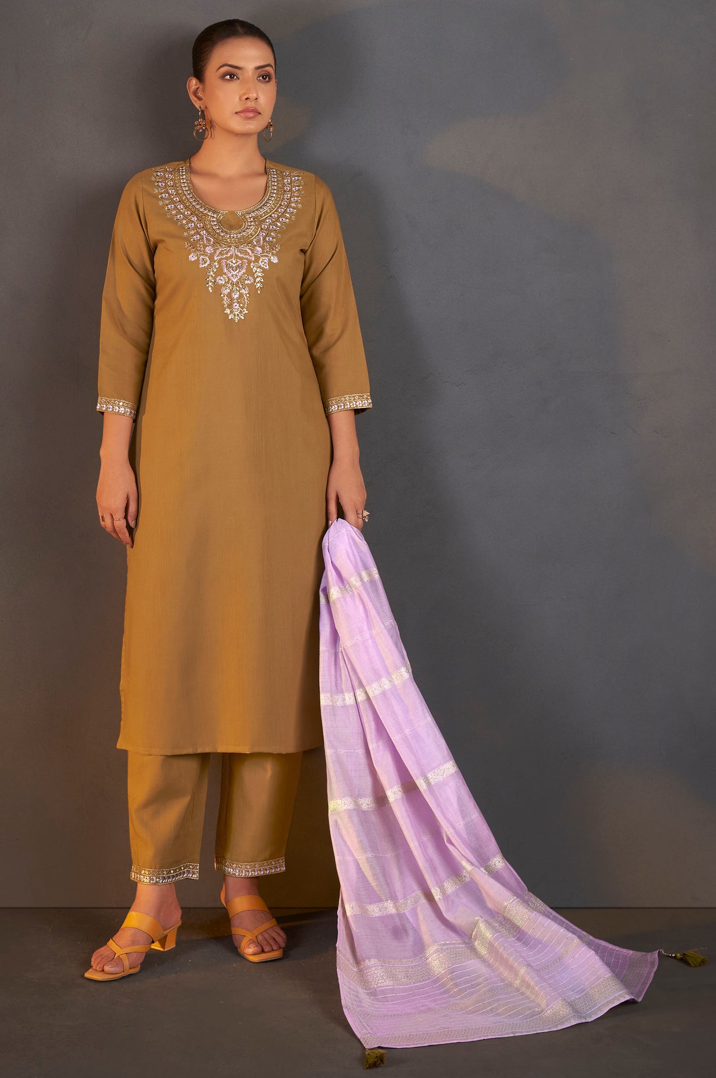 Mustard Cotton Blend Floral Embroidered Kurta Set For Women
