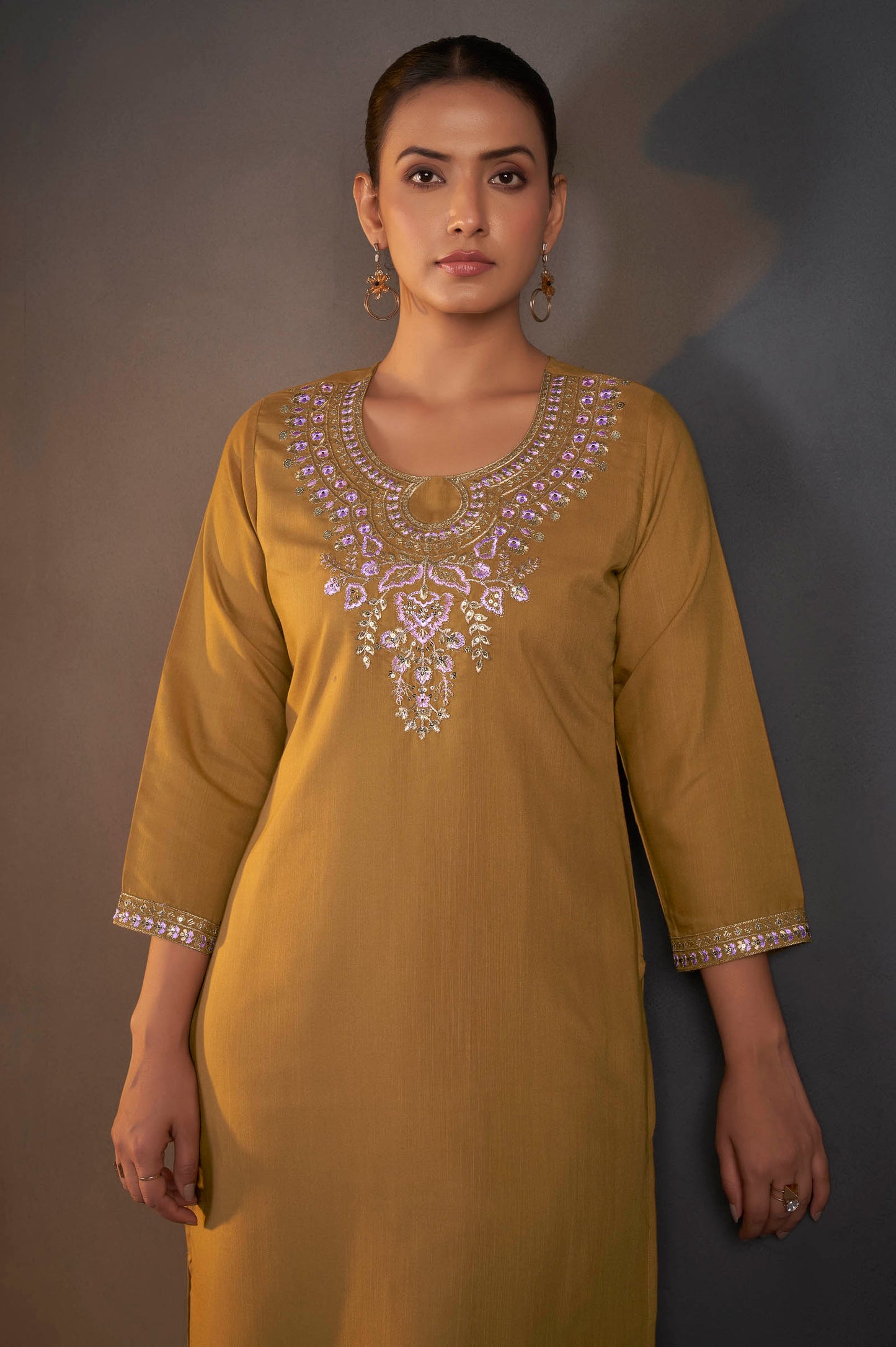 Mustard Cotton Blend Floral Embroidered Kurta Set For Women