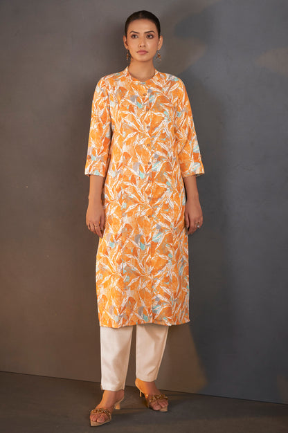 Mustard Cotton Blend Floral Printed Kurta For Women