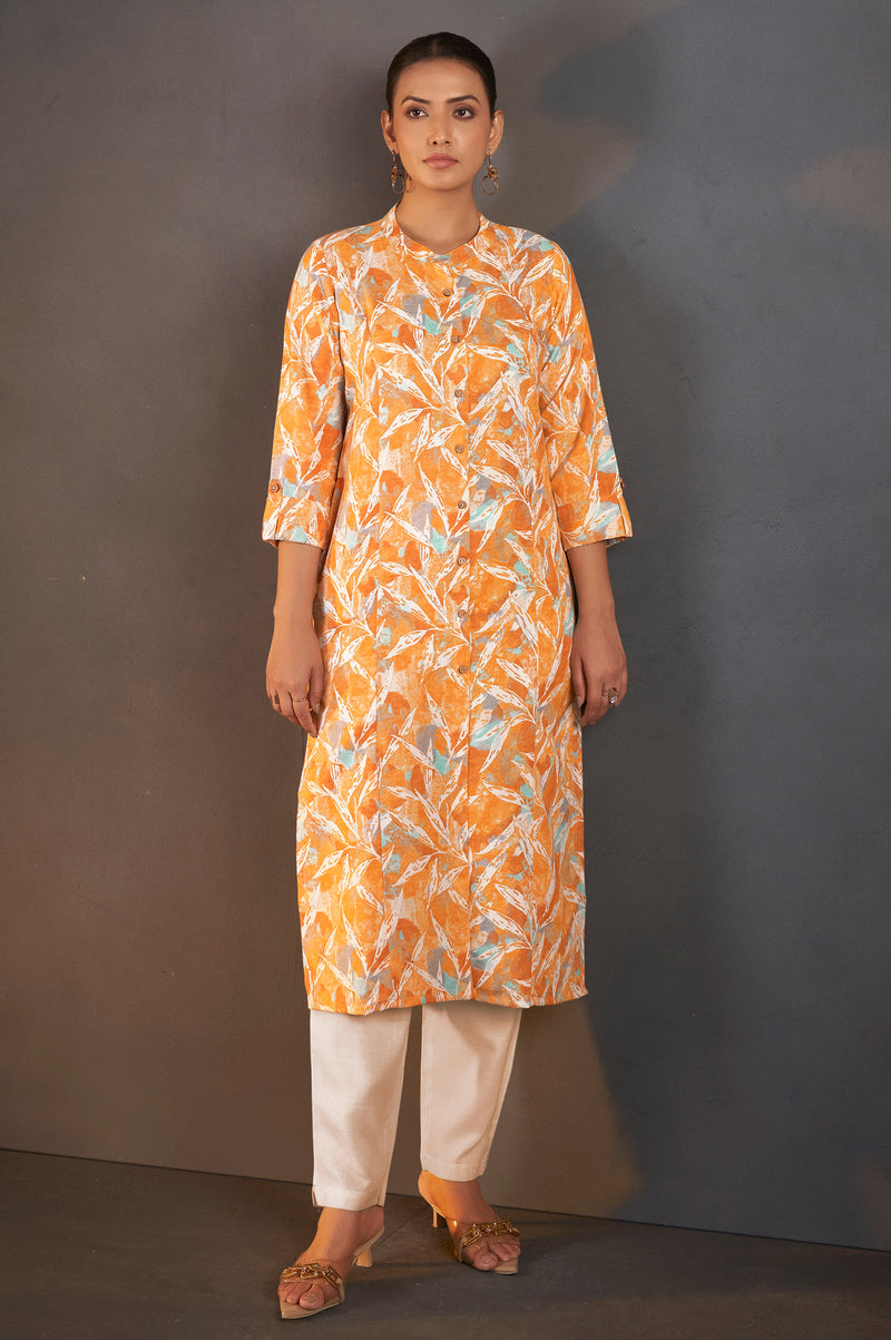 Mustard Cotton Blend Floral Printed Kurta For Women