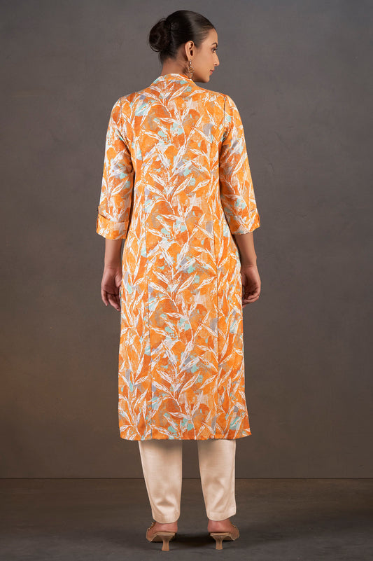 Mustard Cotton Blend Floral Printed Kurta For Women