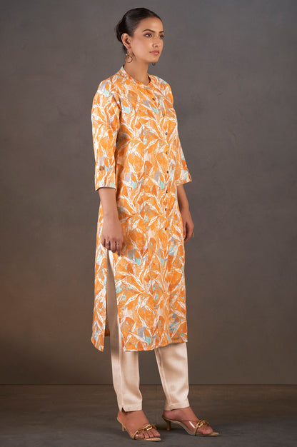 Mustard Cotton Blend Floral Printed Kurta For Women