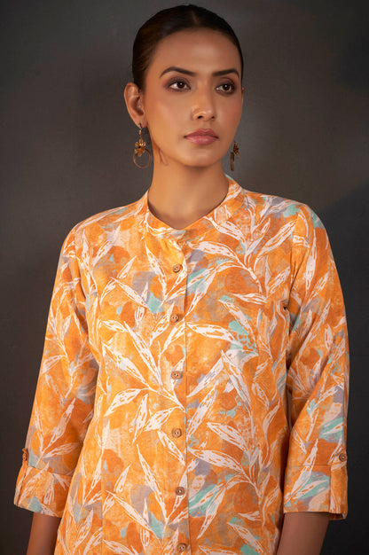 Mustard Cotton Blend Floral Printed Kurta For Women