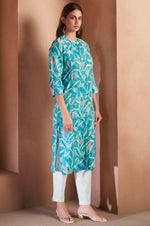 Blue Cotton Blend Floral Printed Kurta For Women