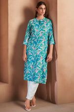 Blue Cotton Blend Floral Printed Kurta For Women