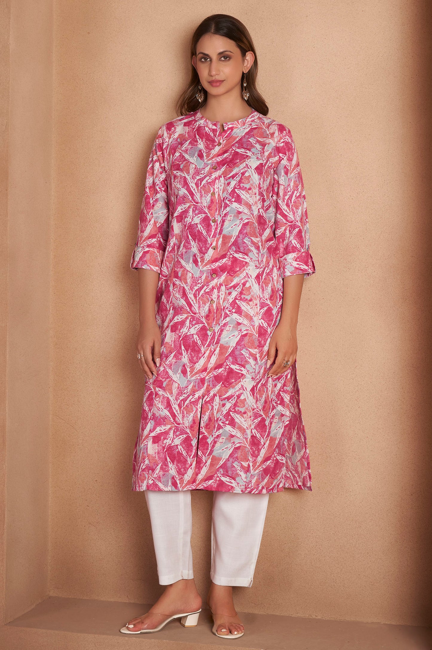 Light Pink Cotton Blend Printed Kurta For Women
